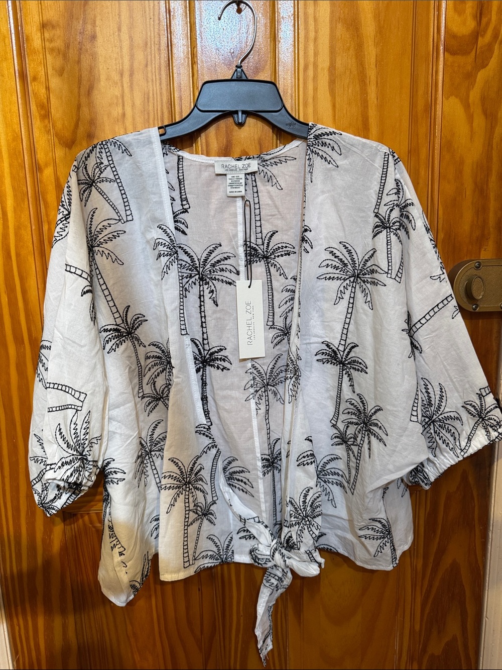 Rachel Zoe White & Black Palm-Print Tie-Front Kimono